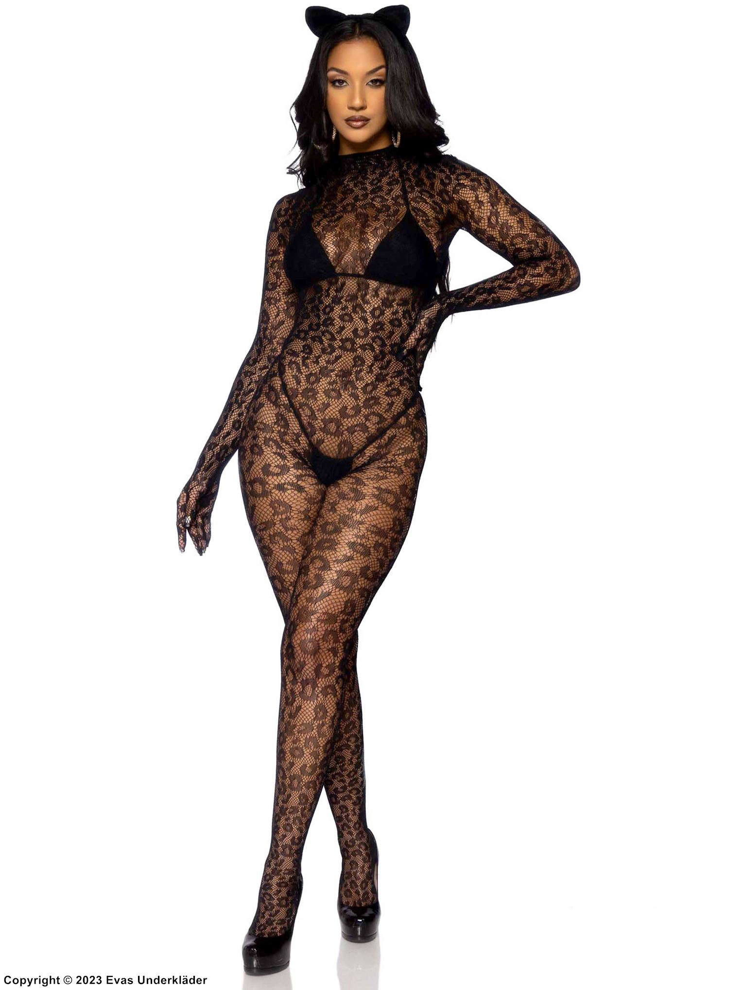 Sexy Bodystocking, Netz, ohne Nähte, lange Ärmel, Leopard